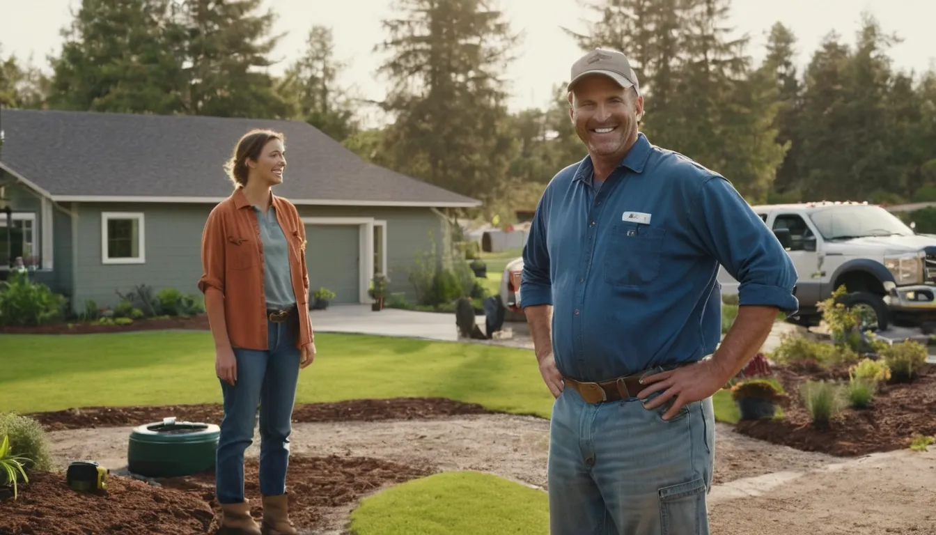 A friendly provider talking with a homeowner beside a septic tank access lid in Bloomington